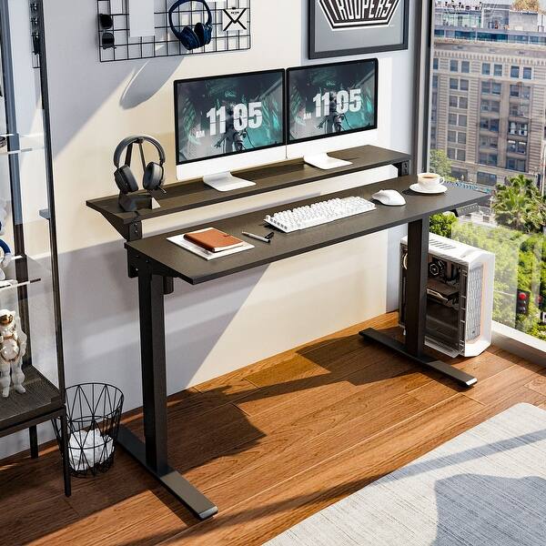 slide 1 of 20, FlexiSpot 55" Home Office Standing Desk Studio Desk Height Adjustable Computer Desk Dual Tier Ergonomic Memory Controller