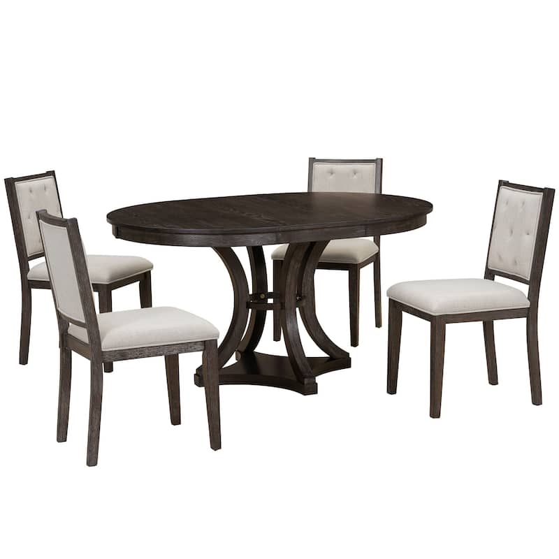 5-Piece Retro Functional Dining Table Set Extendable Round Table and 4 Upholstered Chairs for Dining Room and Living Room