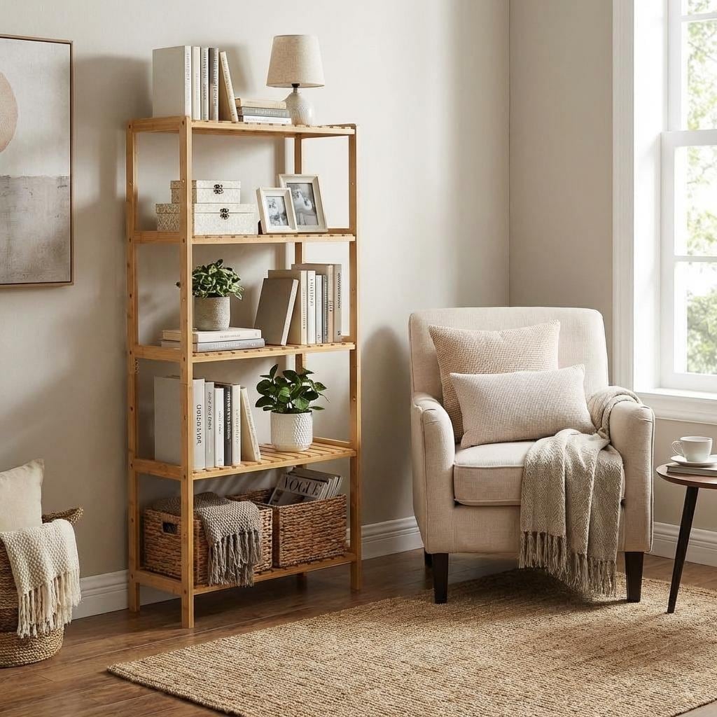 4-Tier Bamboo Bathroom Shelf Narrow Freestanding Storage Rack with Slatted Shelves, Plant Stand for Small Spaces