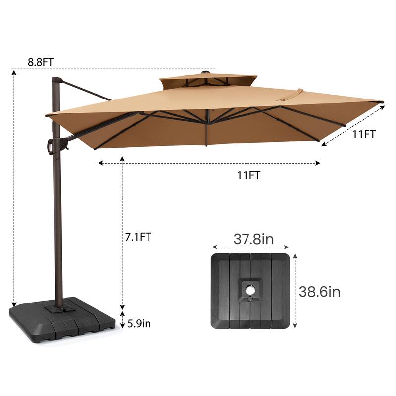Pellebant 11X11FT Outdoor Patio Cantilever-Offset 360-Degree Rotation Umbrella with Premium Base