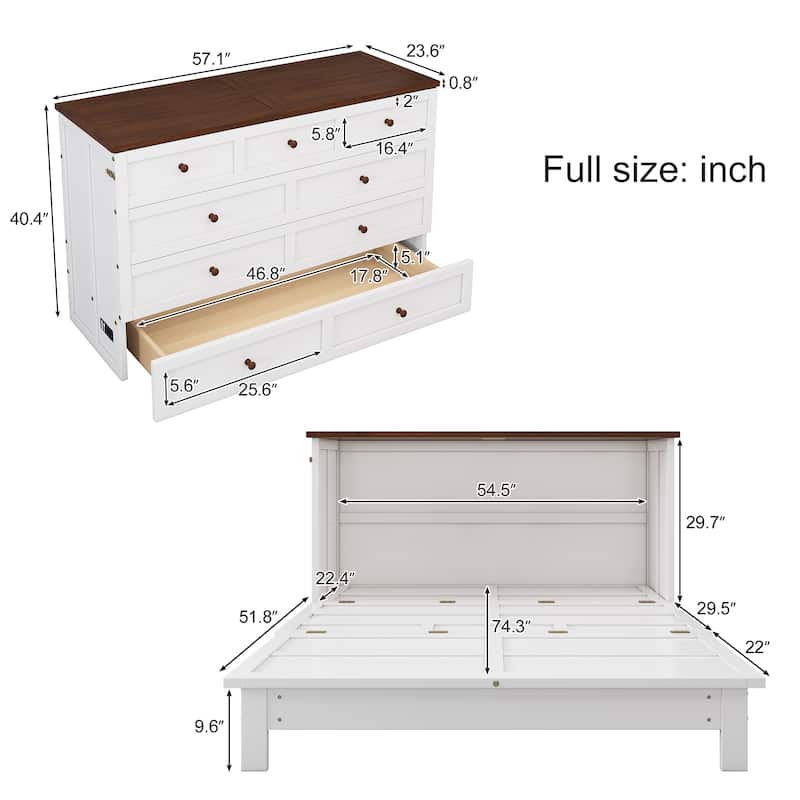 Solid Pine Murphy Bed Cabinet Bed Space-Saving Foldable Bed with Walnut Desktop and a Big Storage Large Drawer, Charging Station