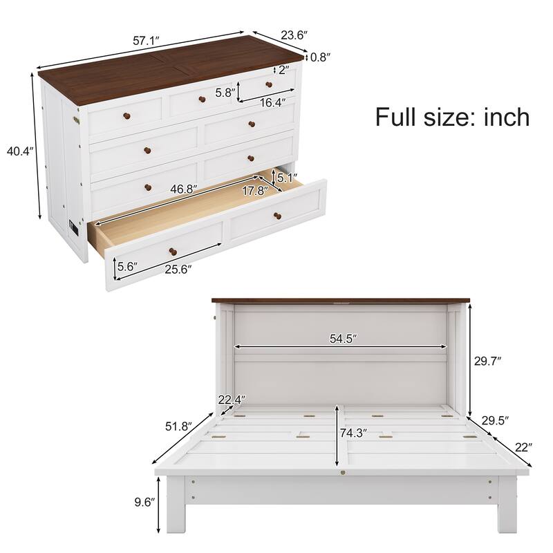 Solid Pine Murphy Bed Chest with Charging Station and Large Storage Drawer for Home Office or Small Room , Full, White+Walnut