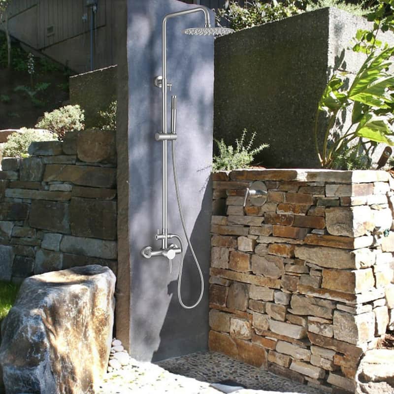 Outdoor 10 Inch Round Rain Shower Set with Handheld Shower (Adjustable Slider)