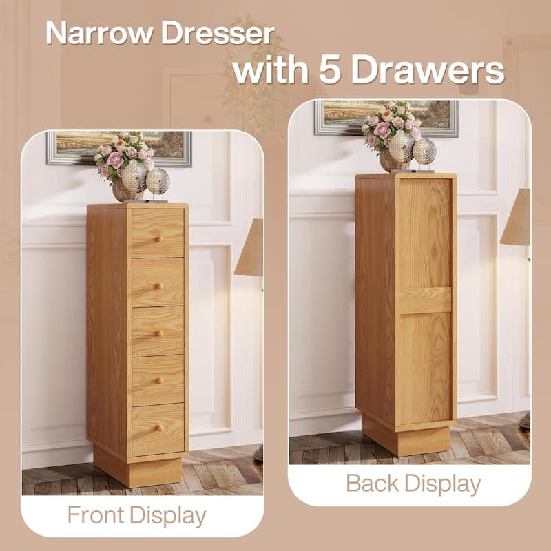 Wood 5-Drawer Dresser for Bedroom, Tall Skinny Chest of Drawers