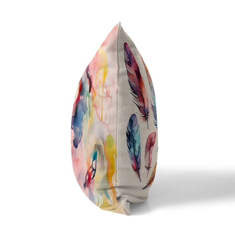 Pink And Multi Two Human Feathers Faux Suede Throw Pillow Zipper