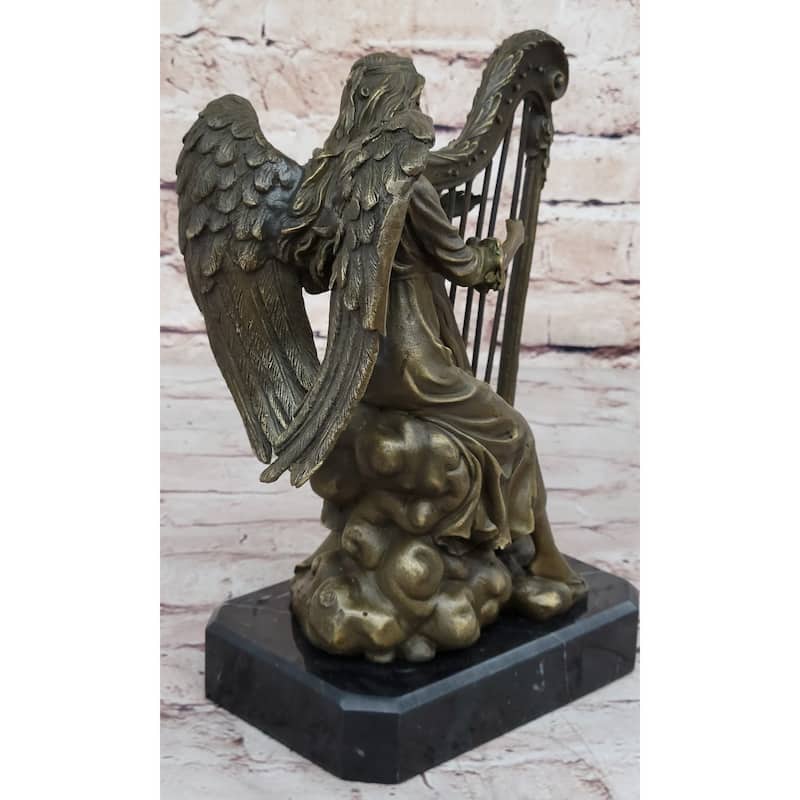 Winged Female Angel Playing Heavenly Harp - Bronze Memorial Sculpture Statue