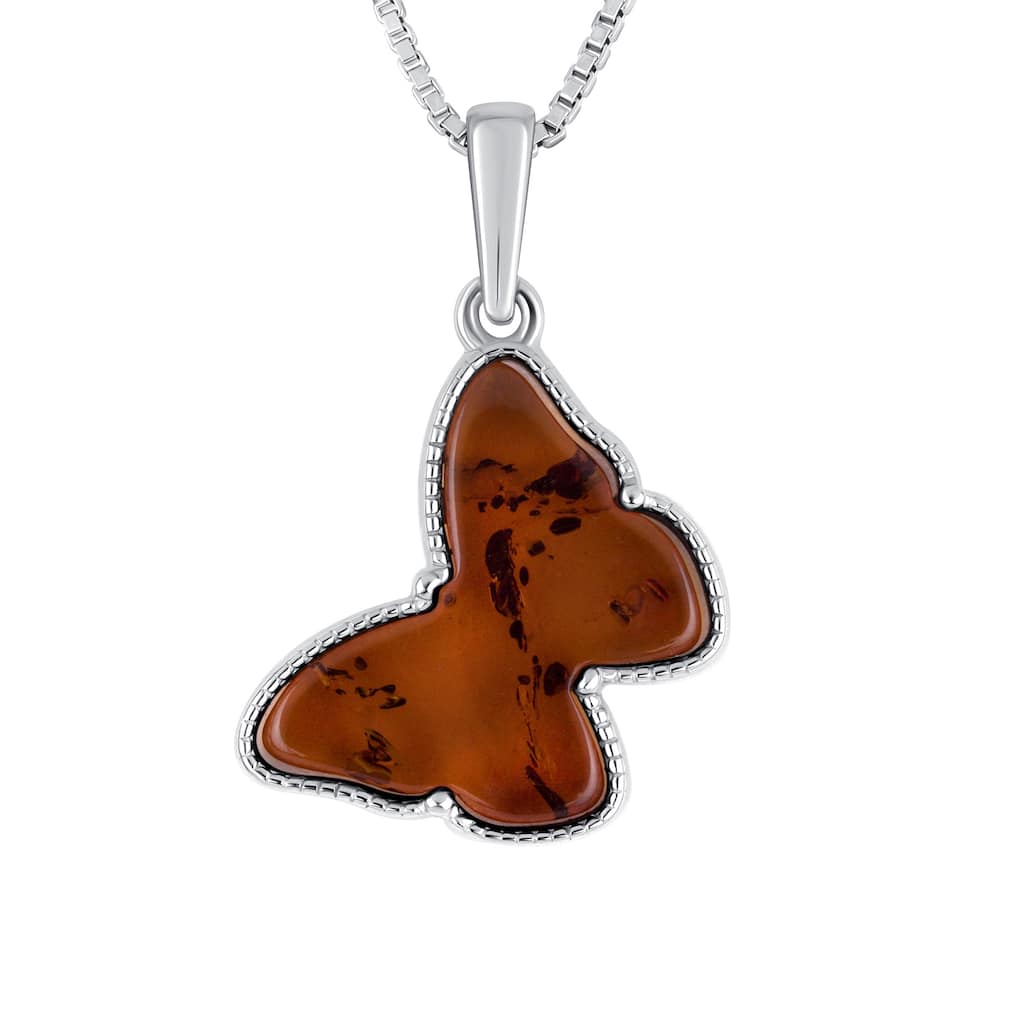 Baltic Amber Butterfly Pendant Necklace in Sterling Silver