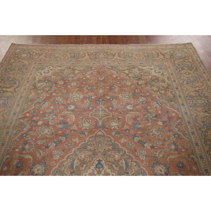 Traditional Mashad Vintage Persian Rug Bedroom Handmade Wool Carpet - 7'10" x 11'0"