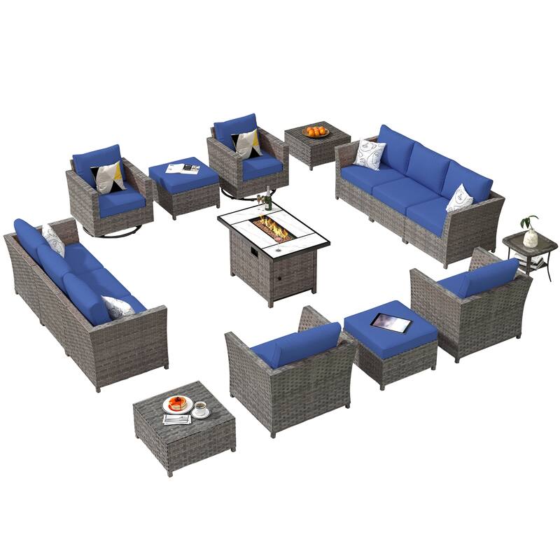 HOOOWOOO 16-piece Grey Rattan Outdoor Furniture Sectional Sofa Set Fire Pit Set with Swivel Chairs