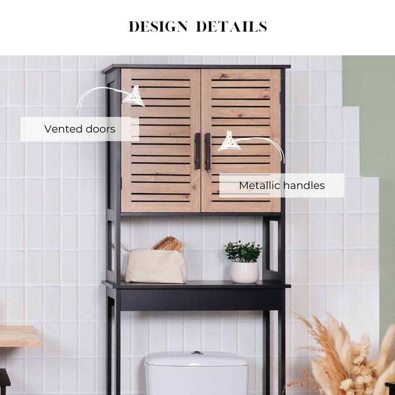 Over The Toilet Storage Cabinet with Double Vented Doors and Open Shelf, Black and Brown - Bergen Collection