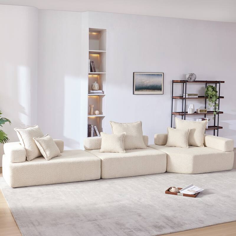 3 PC Oversized Modular Sofa, No Assembly, 5 - 6 Seats, Beige Boucle