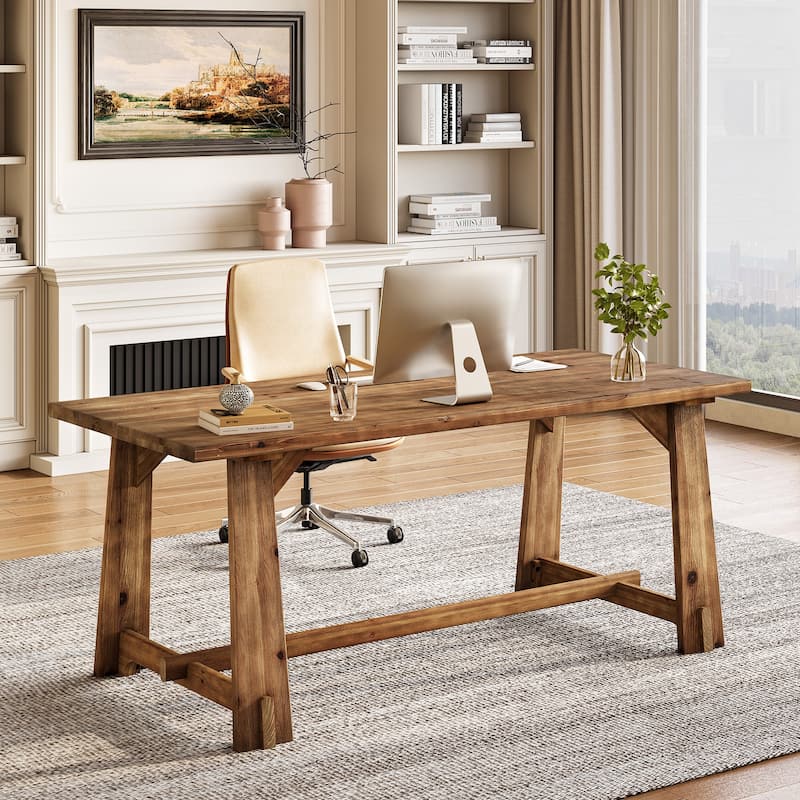 63" Solid Wood Office Desk, Farmhouse Executive Computer Desk - Brown