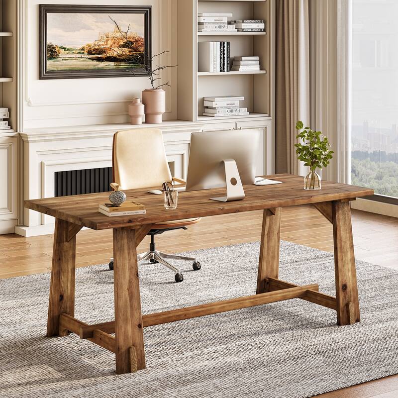 Solid Wood Executive Desk, Large Home Office Computer Writing Workstation, Business Accent Work Table