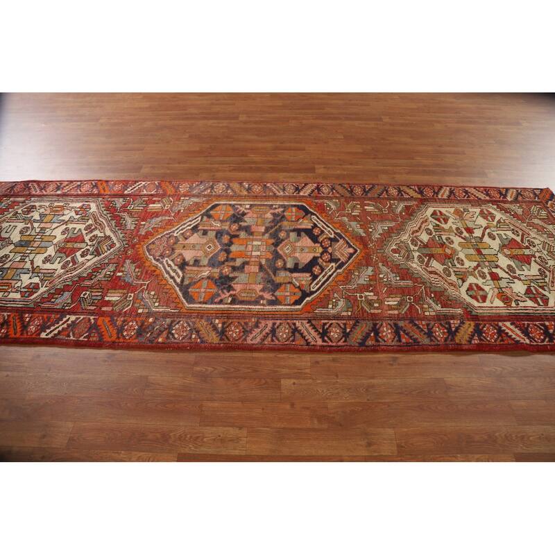 Geometric Hamedan Persian Vintage Runner Rug Hand-knotted Wool Carpet - 3'6"x 10'6"