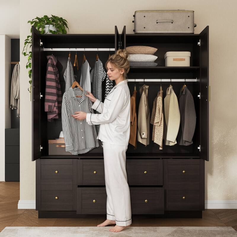 White Wardrobe Closet with Gold Handles - Modern Storage Cabinet with Drawers