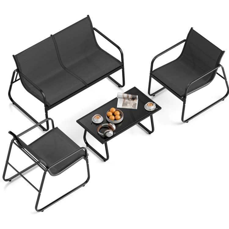 4 Piece Black Fabric Metal Outdoor Conversation Set with Table and Chairs - Table: 33.5" × 18" × 16" (L × W × H)