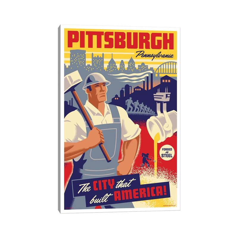 iCanvas "Pittsburgh Steel Worker Travel Poster" by Jim Zahniser Canvas Print