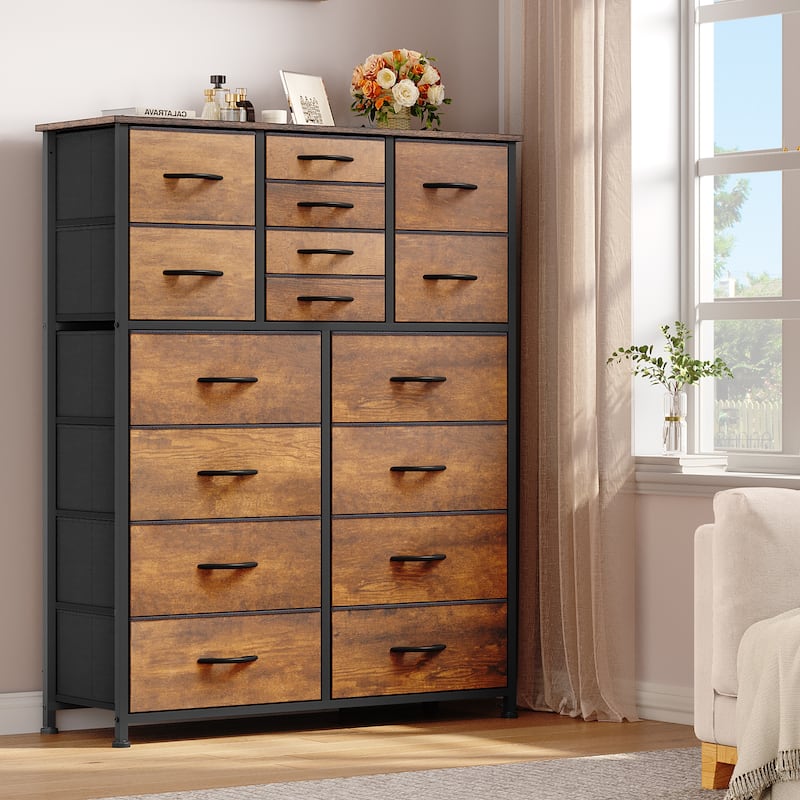 Moasis 16-drawer Combo Dresser with Metal Frame, Wood Tabletop