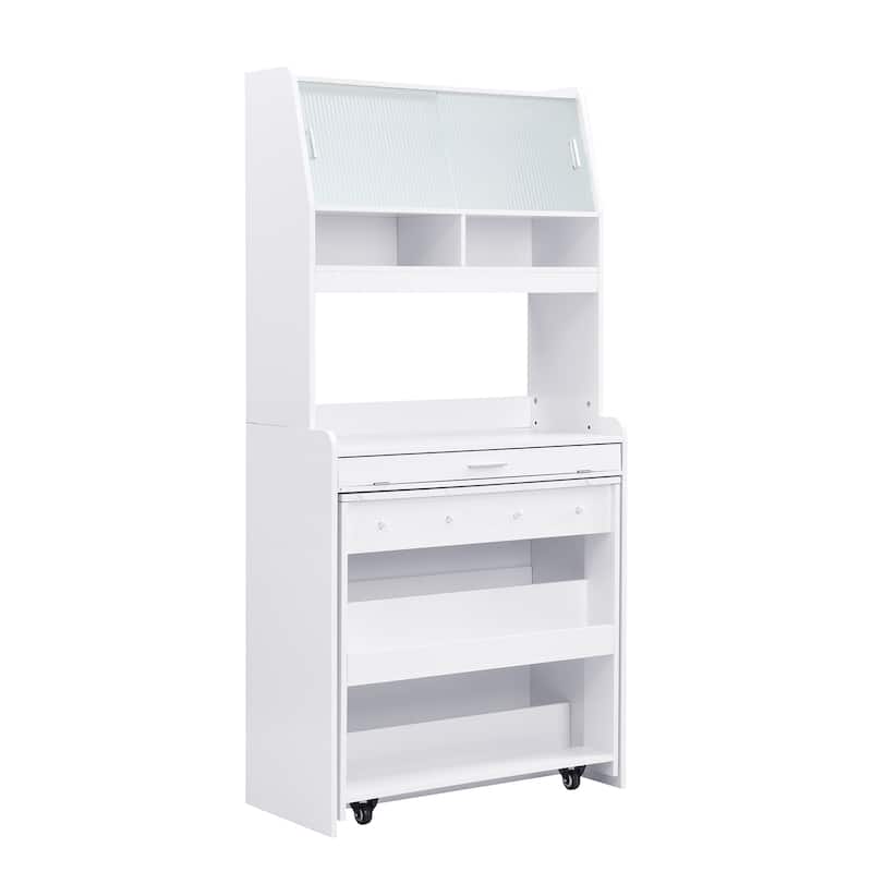 Multifunctional Cupboard Buffet with Storage Shelf,Side Hooks,Hutch and Foldable Dining Table
