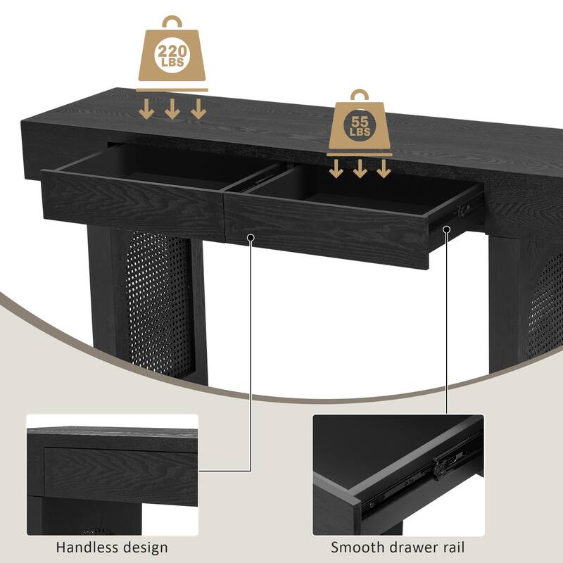 Narrow Console Table with Rattan Accent, Entryway Table with 2 Storage Drawers, Sofa Side Table with Wooden Top