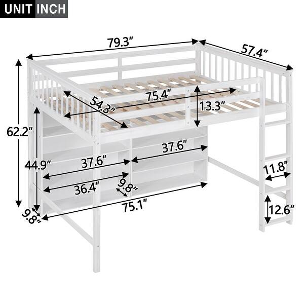Full Size Loft Bed with 8 Open Storage Shelves, Built-in Ladder, Solid Pine Wood Frame, Space-Saving Design for Bedroom, White