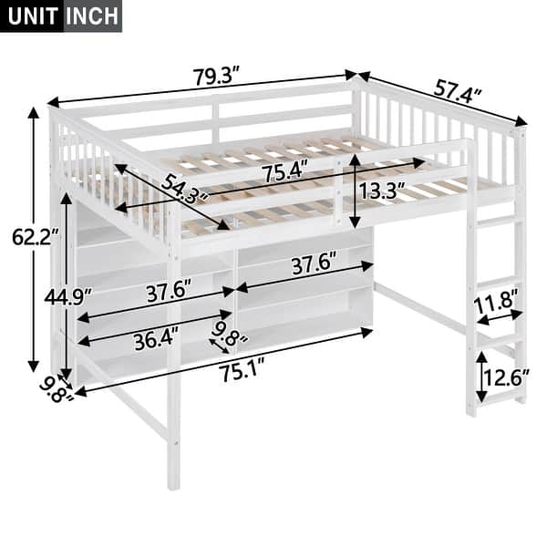 dimension image slide 0 of 2, Full Size Loft Bed with 8 Open Storage Shelves and Built-in Ladder, Gary