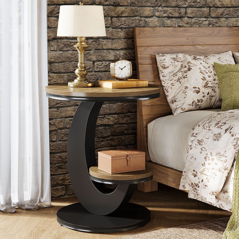 Round End Table, 2 Tiers Side Table with Storage Shelf
