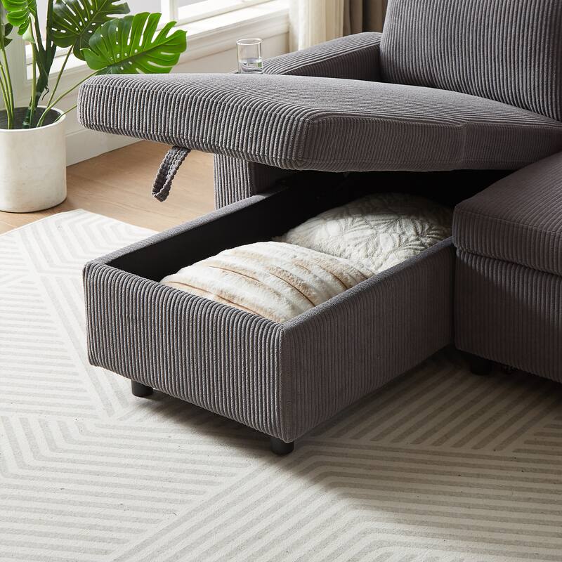 Modern Corduroy Reversible Sleeper Sofa Bed with Pullout Bed, L-Shaped Combo Sofa for Tight Spaces, Living Room, and Office