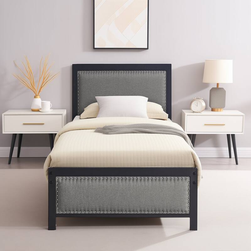 VECELO Upholstered Kids Bed with Headboard,Twin Size Bed Set of 2