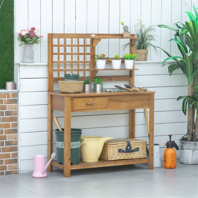 Brown Fir Wood Potting Table with Large Worktop Drawer and Shelf Storage for Gardening - 41.25" W x 16.5" D x 55.75" H