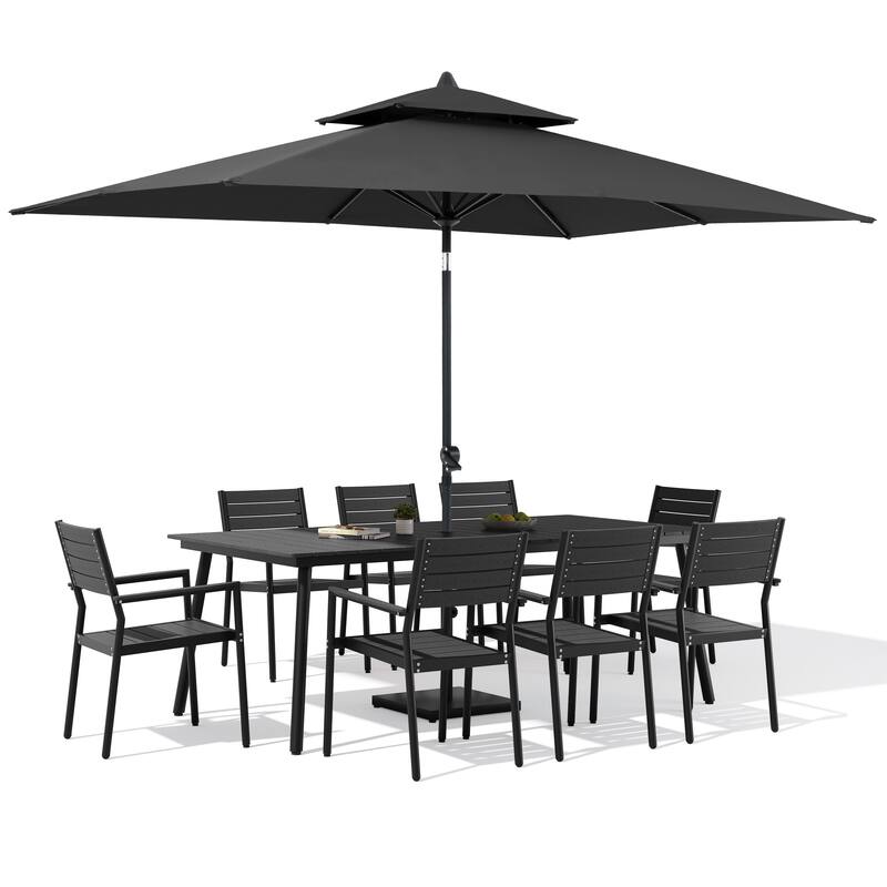 11-Piece Patio Dining Set w/10 ft Umbrella and Base, Rectangle Aluminum Table and 8 Stackable Chairs