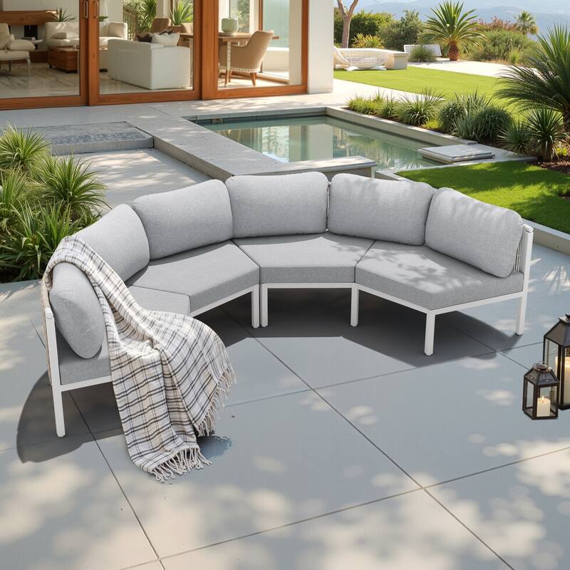 Curved Outdoor Sofa Rattan Sectional Sofa Patio Furniture Set Outdoor Conversation Sets - 4-seater - Light Grey