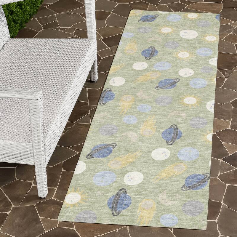 Machine Washable Indoor/ Outdoor Planets Comets Chantille Rug - Celery - 2'3" x 7'6"