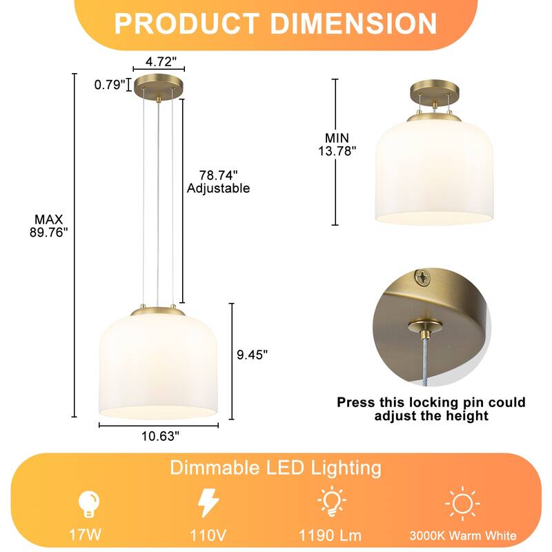 Single Light LED Pendant with Milky White Glass Shade Dimmable Modern