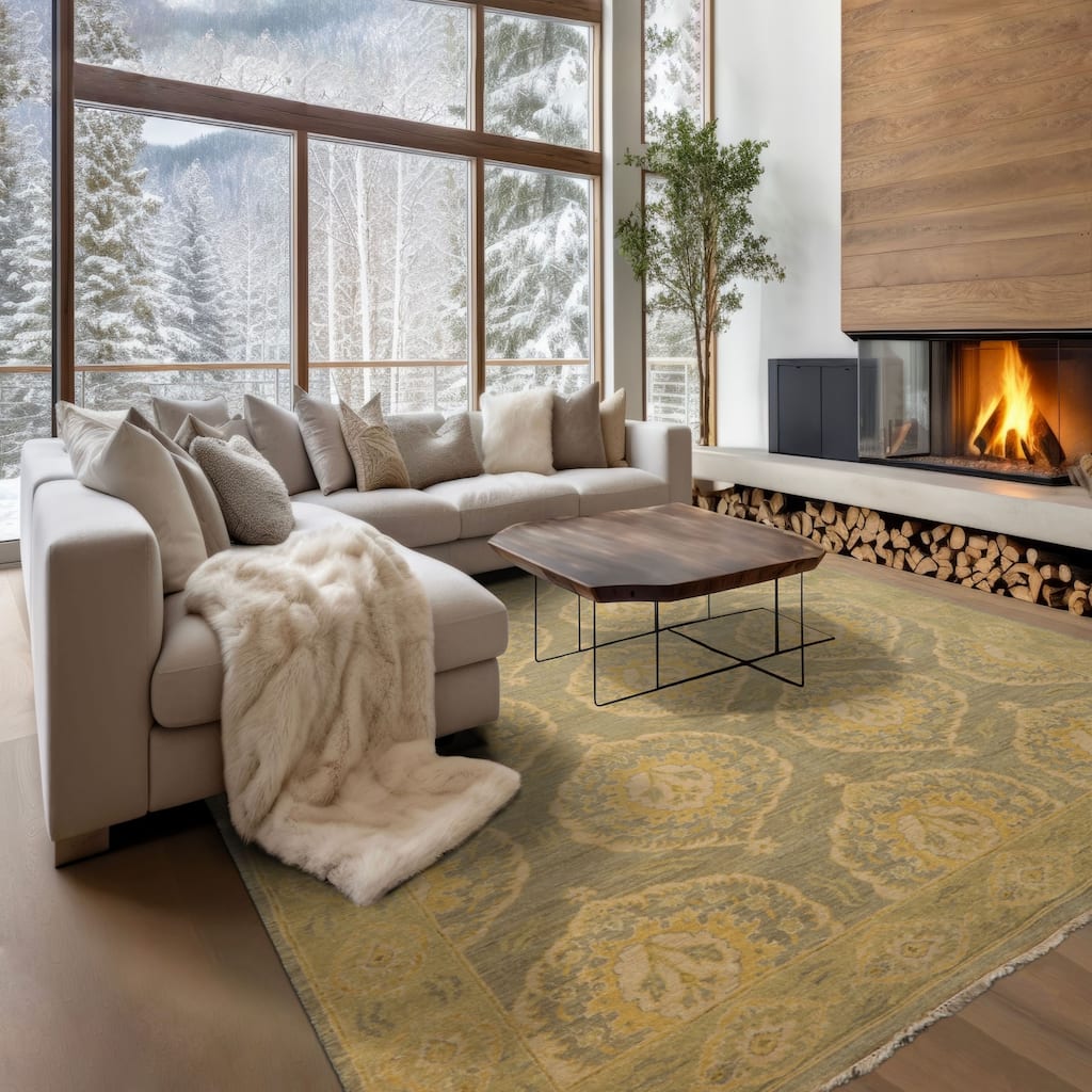 6x9'3'' Hand Knotted Celadon Tibetan Transitional Wool Rug - 6' x 9' 3''