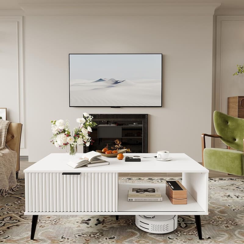 Coffee Table with Storage, 2-Tier Wooden Coffee Table with Sliding Door,