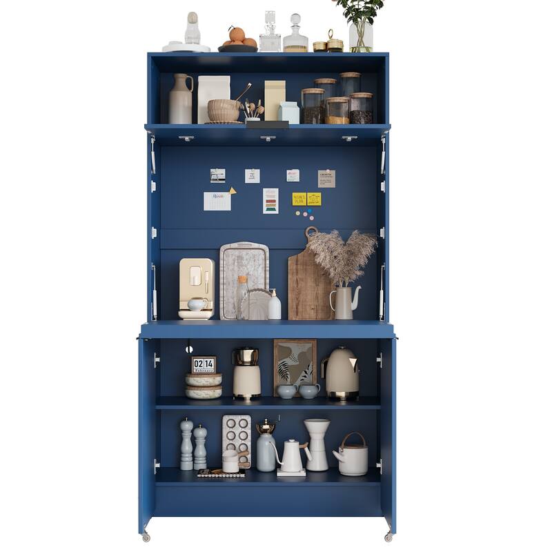 69" Kitchen Pantry Buffet with Hutch, Foldable Workstation & Power Outlet