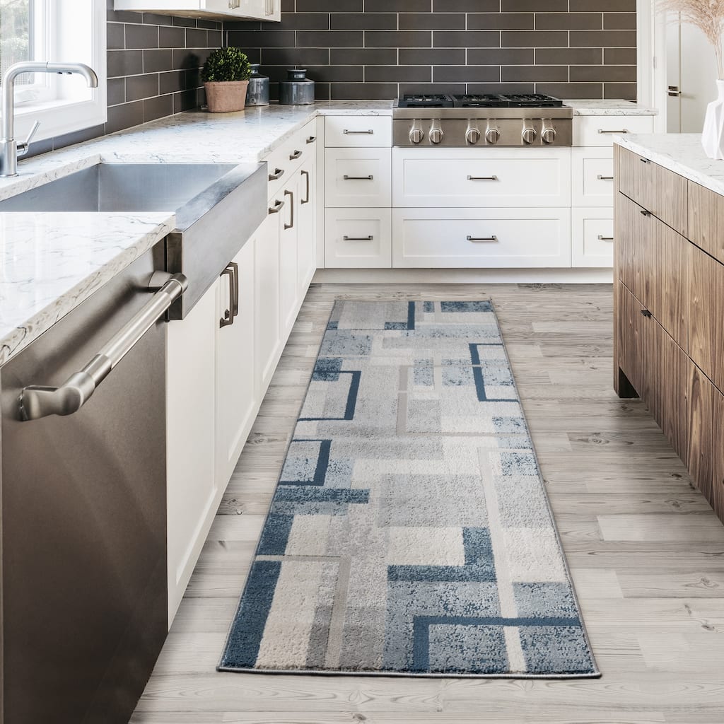 Gertmenian Ethan Abstract Geo Modern Geometric Blue Area Rug Runner - 2' 2" x 8'