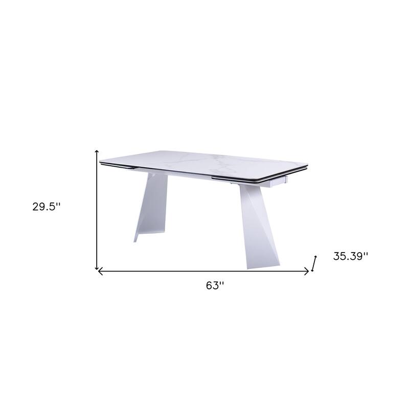 HomeRoots 63" White Ceramic and Metal Self-Storing Leaf Pedestal Base Extendable Dining Table