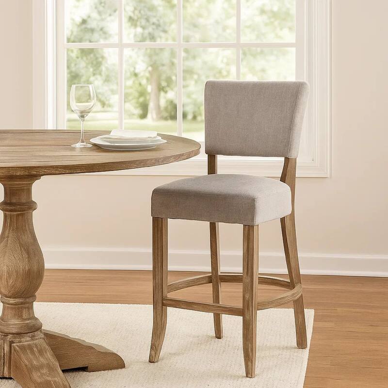 Ryna Barstool Chair, Plush Light Gray Fabric, Washed Oak Solid Wood