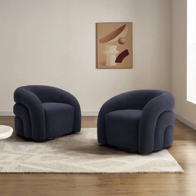 Set of 2 Boucle Upholstered Swivel Accent Barrel Chairs - Navy