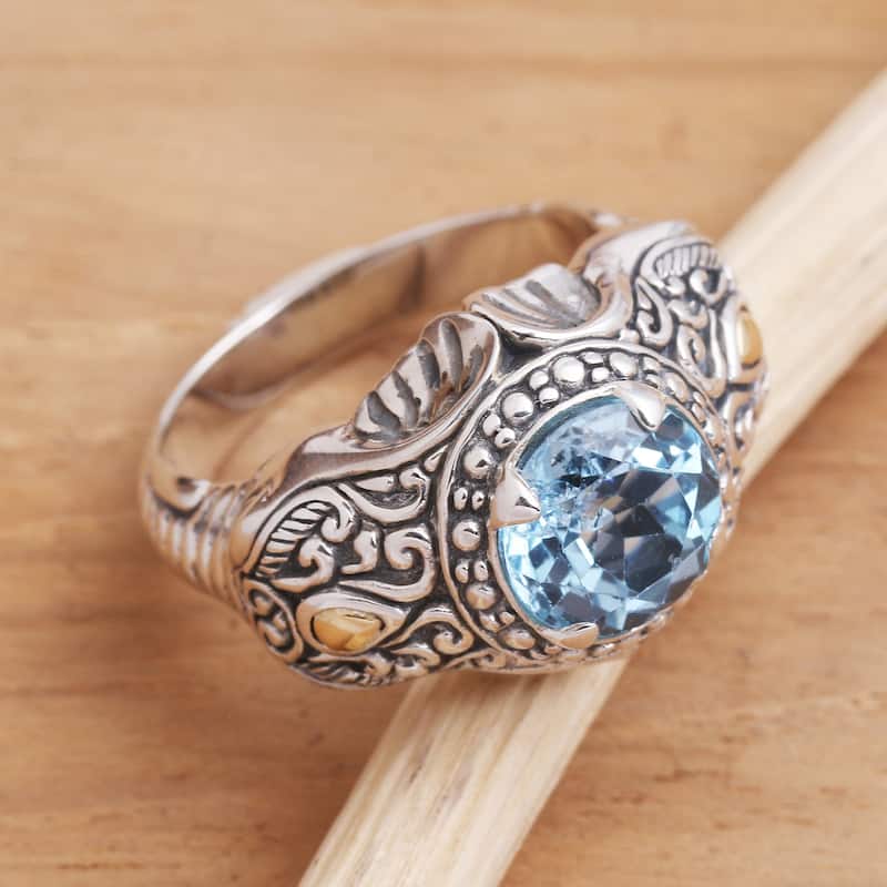 Novica Handmade Maharaja Men'S Gold Accented Blue Topaz Ring