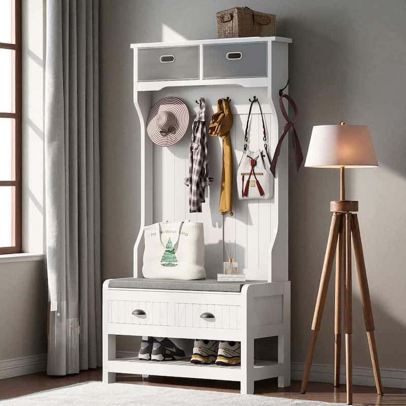 Hall Tree with 6 Hooks & Hinged-Lid Storage Bench, Entryway Coat Rack with Drawers & Shoe Cubbies, 34.2W x 68.5H - White