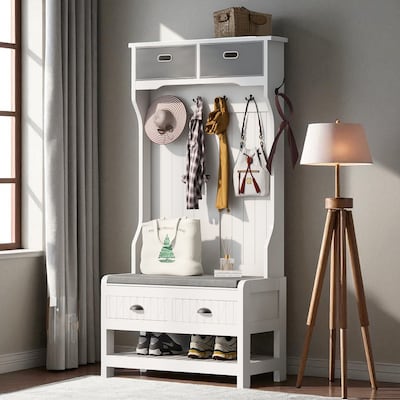 Hall Tree with 6 Hooks & Hinged-Lid Storage Bench, Entryway Coat Rack with Drawers & Shoe Cubbies, 34.2W x 68.5H