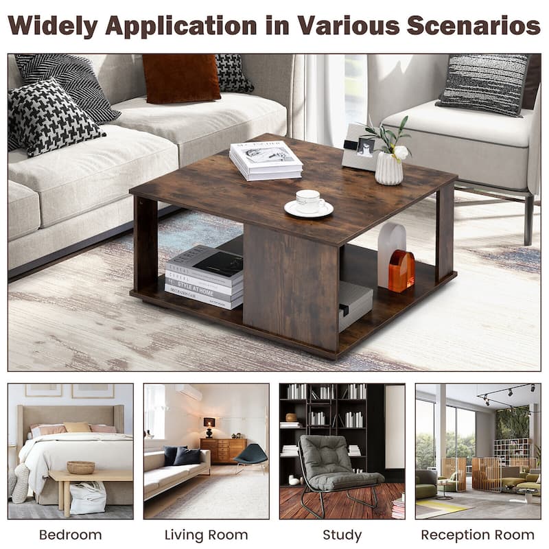Gymax 2-Tier Square Coffee Table w/ Storage Industrial Center Table