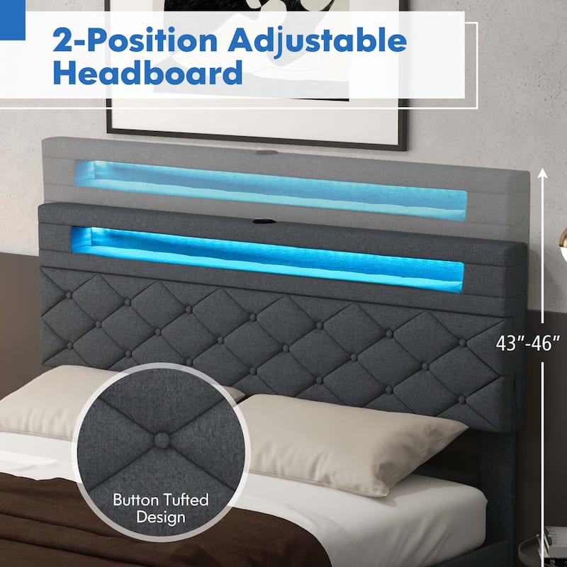 Costway Full/Queen Size Bed Frame with Led Lights & Charging Station &