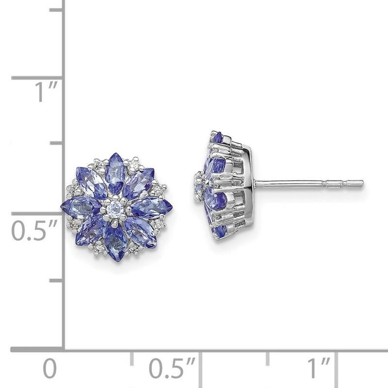 Curata 925 Sterling Silver Polished Rhodium Plated Diamond and Tanzanite Post Earrings - 10x10mm Wide