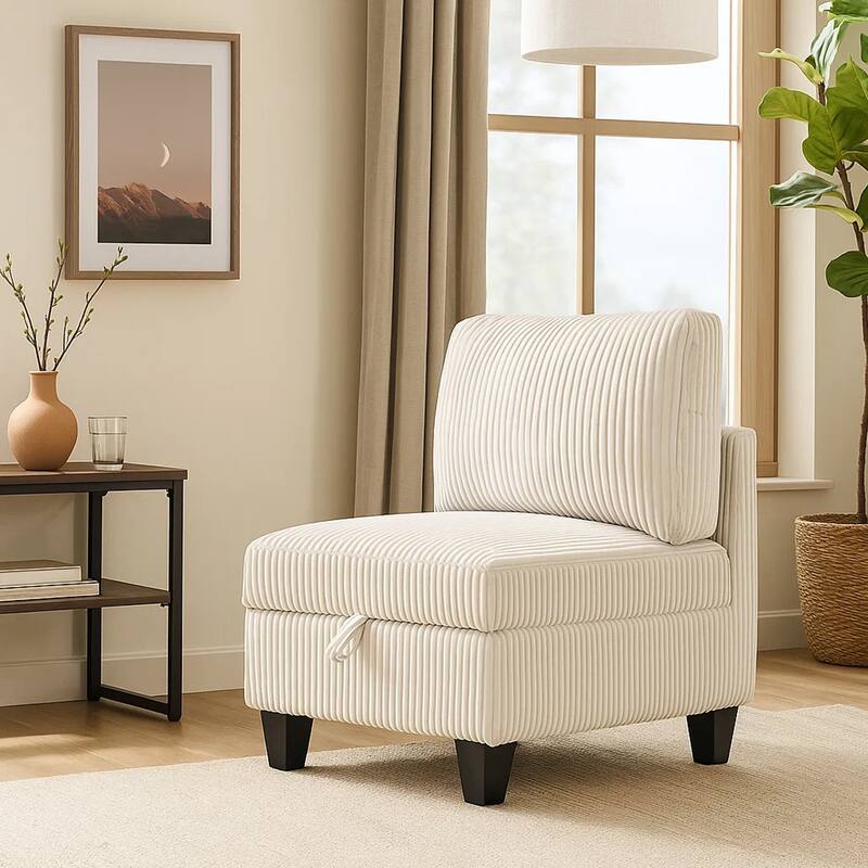 Ellene Modular Armless Chair With Storage, Soft Beige Corduroy