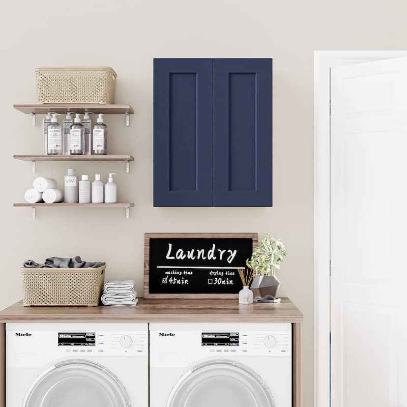 Navy Blue Shaker 24" Solid Wood Wall Cabinet, Soft Close Hinges, Adjustable Shelves, Double Door for Kitchen, Bath, Laundry