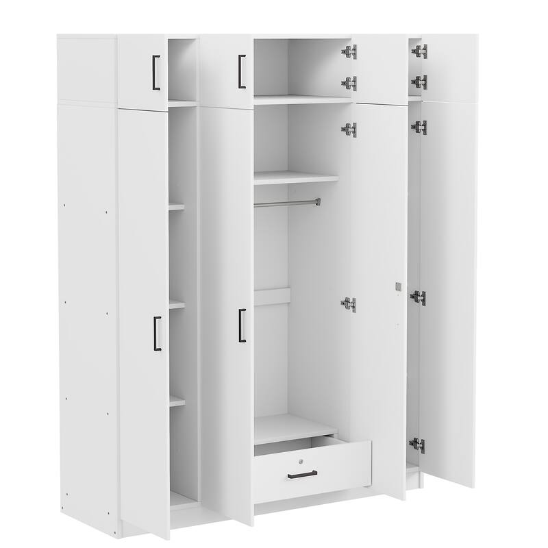 4-Door Wardrobe Armoire with Drawer and Overhead Cabinet Clothes Storage Cabinet for Bedroom